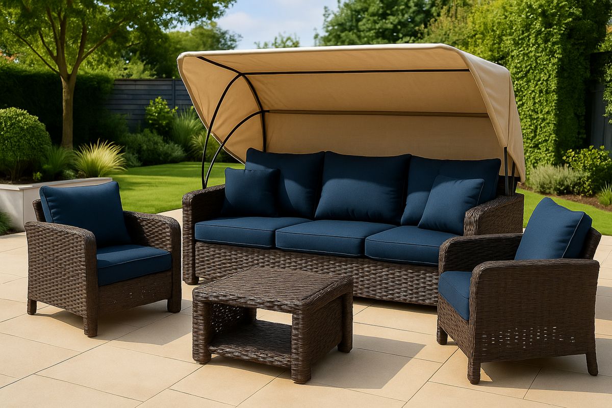 5 Piece Rattan Outdoor Lounge Set with Canopy Wicker Sofa and Chairs Blue Cushions-Toronivla