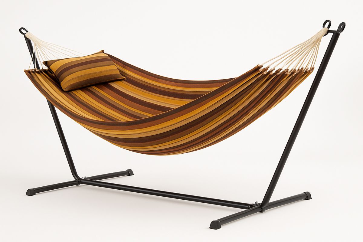 Striped Fabric Hammock with Stand Brown Steel Frame-Toronivla