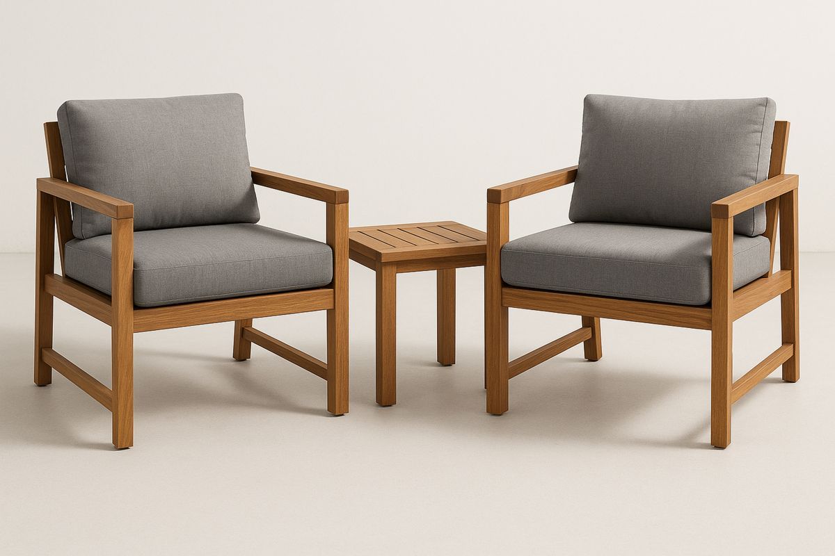 Outdoor Teak Lounge Chair Set with Grey Cushions and Side Table-Selonilva