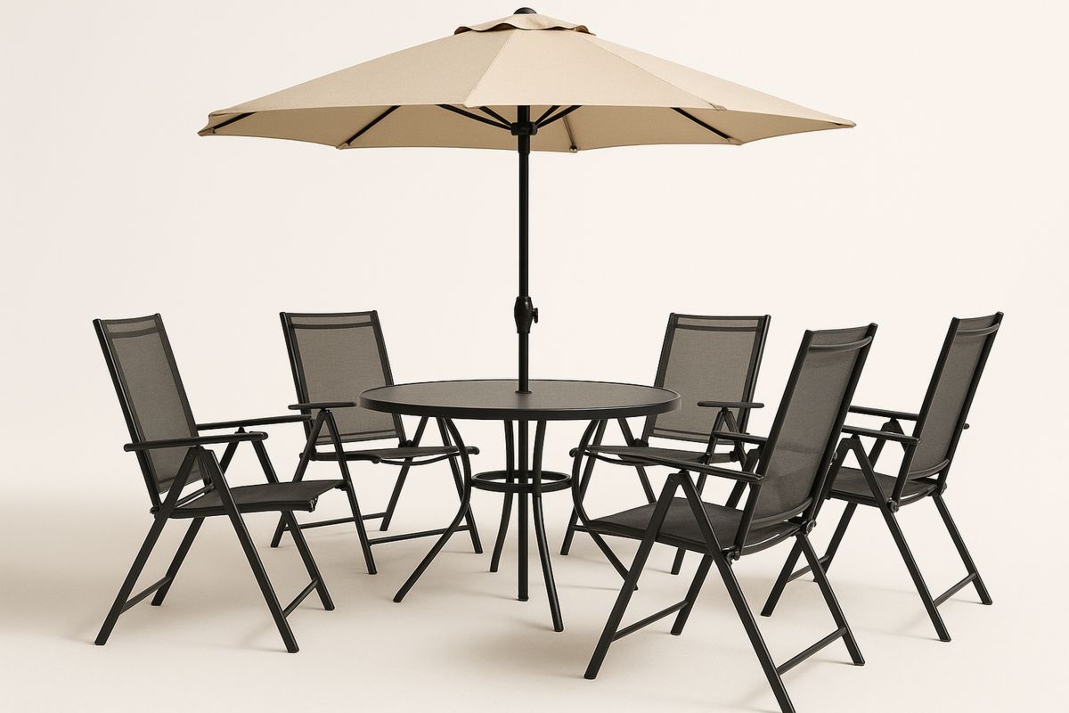 Outdoor Patio Set with Aluminium Chairs Tempered Glass Table and Polyester Umbrella-Selonilva