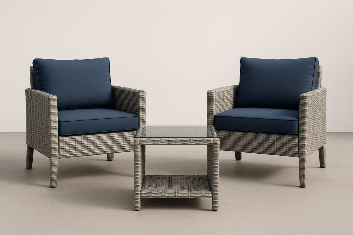 Wicker Armchair and Table Set with Blue Cushions-Selonilva