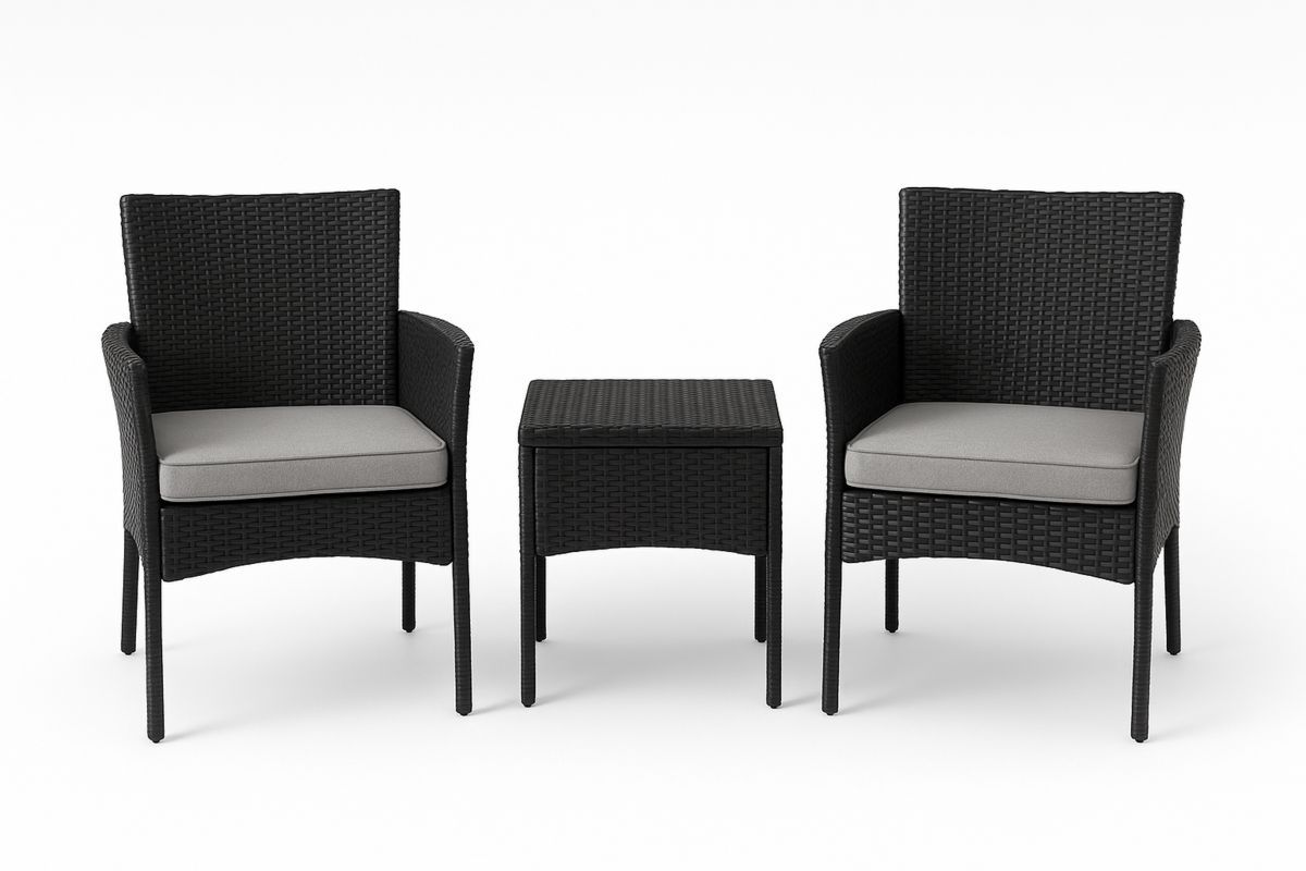 Outdoor 3-Piece PE Wicker Furniture Set with Steel Frame and Grey Cushions-Selonilva