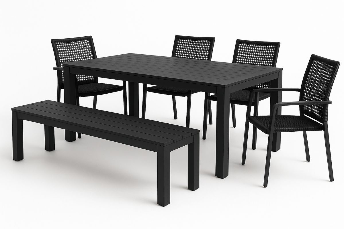Outdoor Dining Set Aluminium Table Wicker Chairs Bench Black-Selonilva