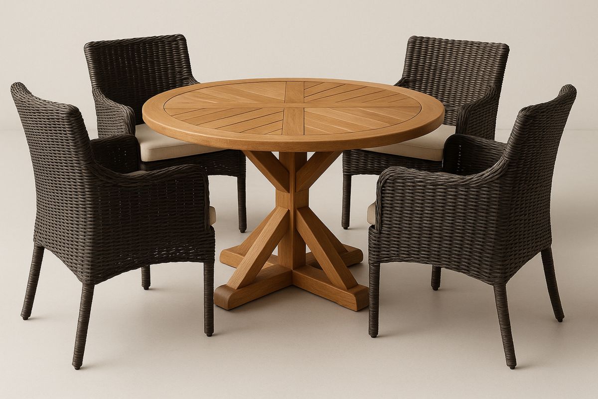 Teak Wood Round Table with Wicker Chairs Outdoor Dining Set-Selonilva