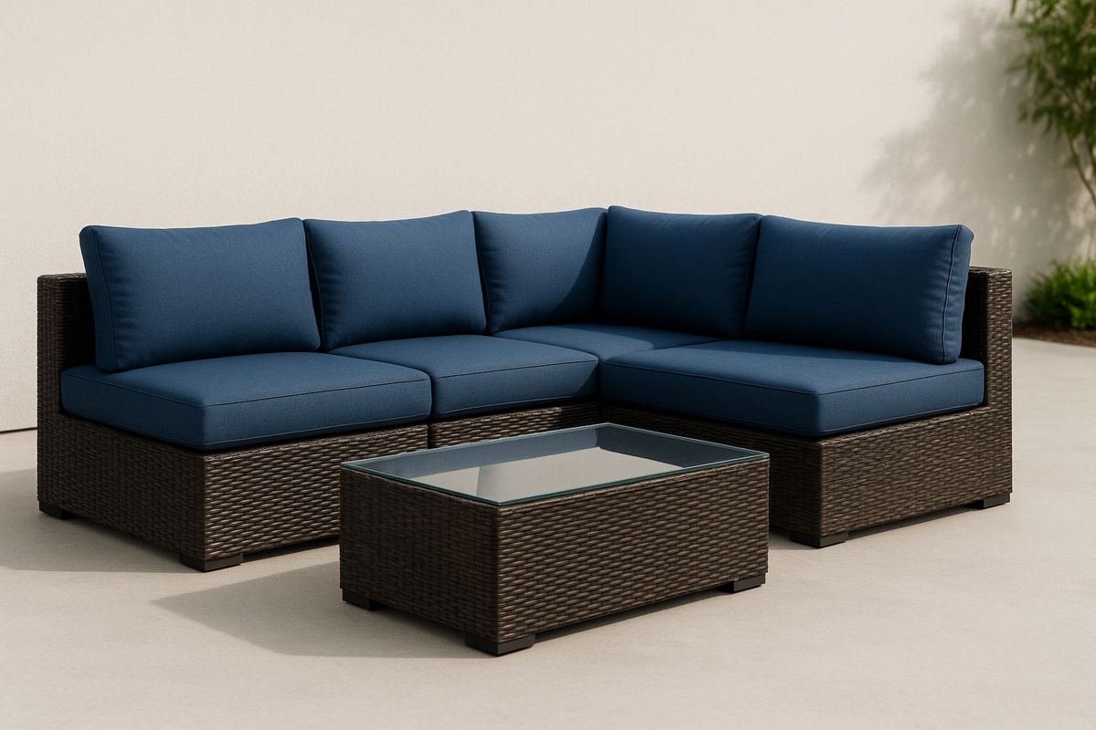 Outdoor Wicker Sofa Set with Polyester Cushions and Glass Table in Brown and Blue-Selonilva