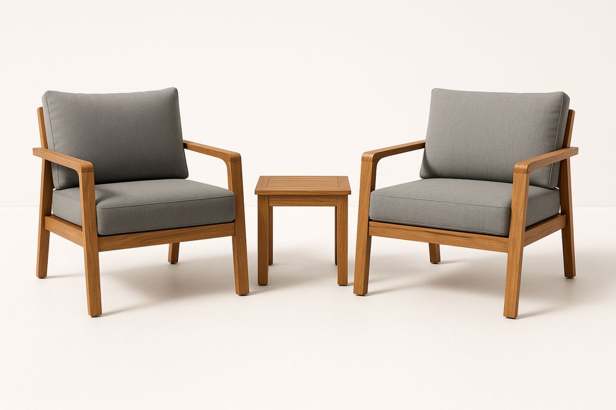 Outdoor Teak Wood Armchair Set with Grey Cushions-Selonilva