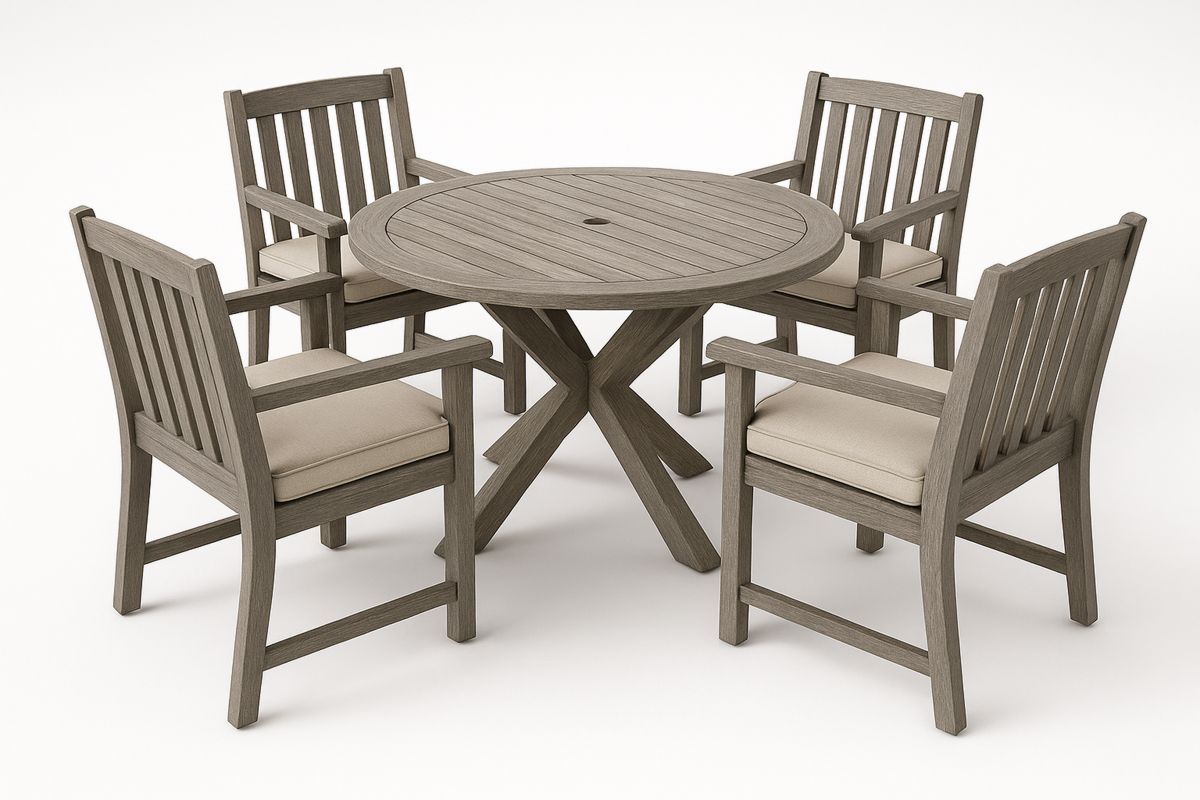 5 Piece Outdoor Dining Set with Acacia Wood Round Table and Chairs with Beige Cushions-Selonilva