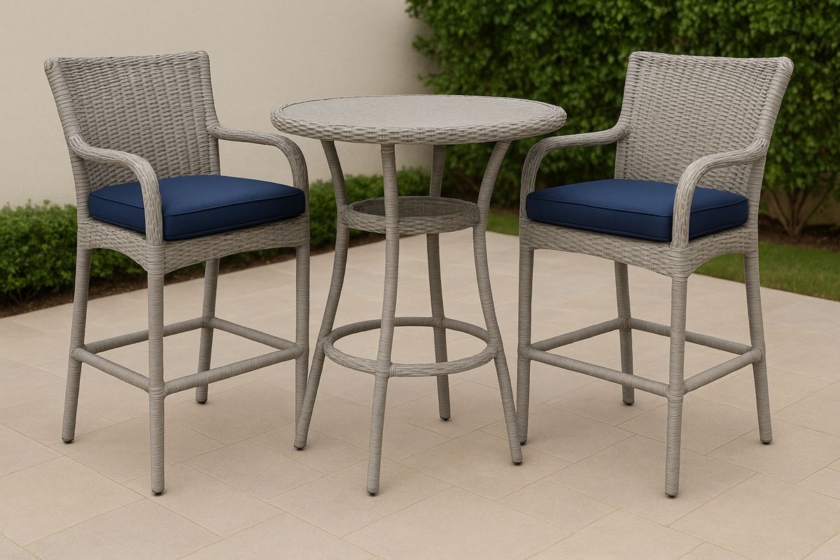 Outdoor Patio Wicker Bar Set with Table and Two Chairs - Grey/Blue-Selonilva