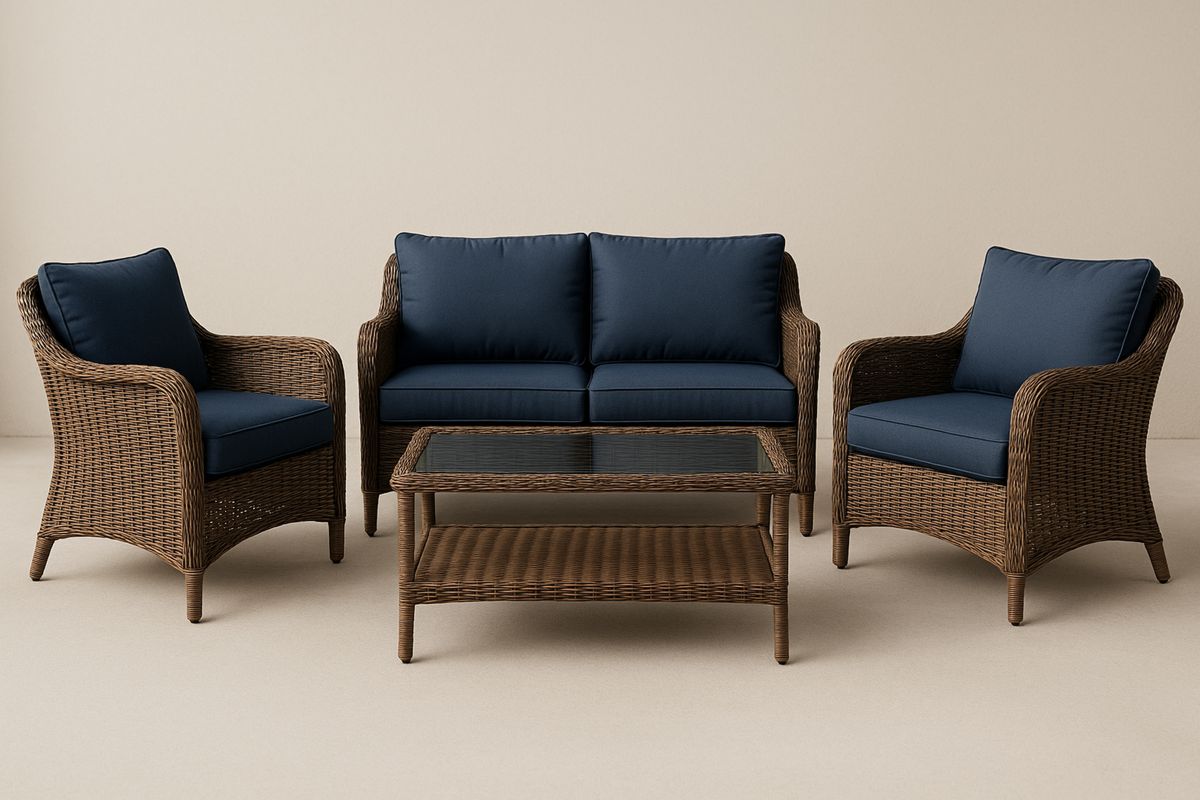 Wicker Outdoor Sofa Set with Glass Coffee Table and Navy Blue Cushions-Selonilva