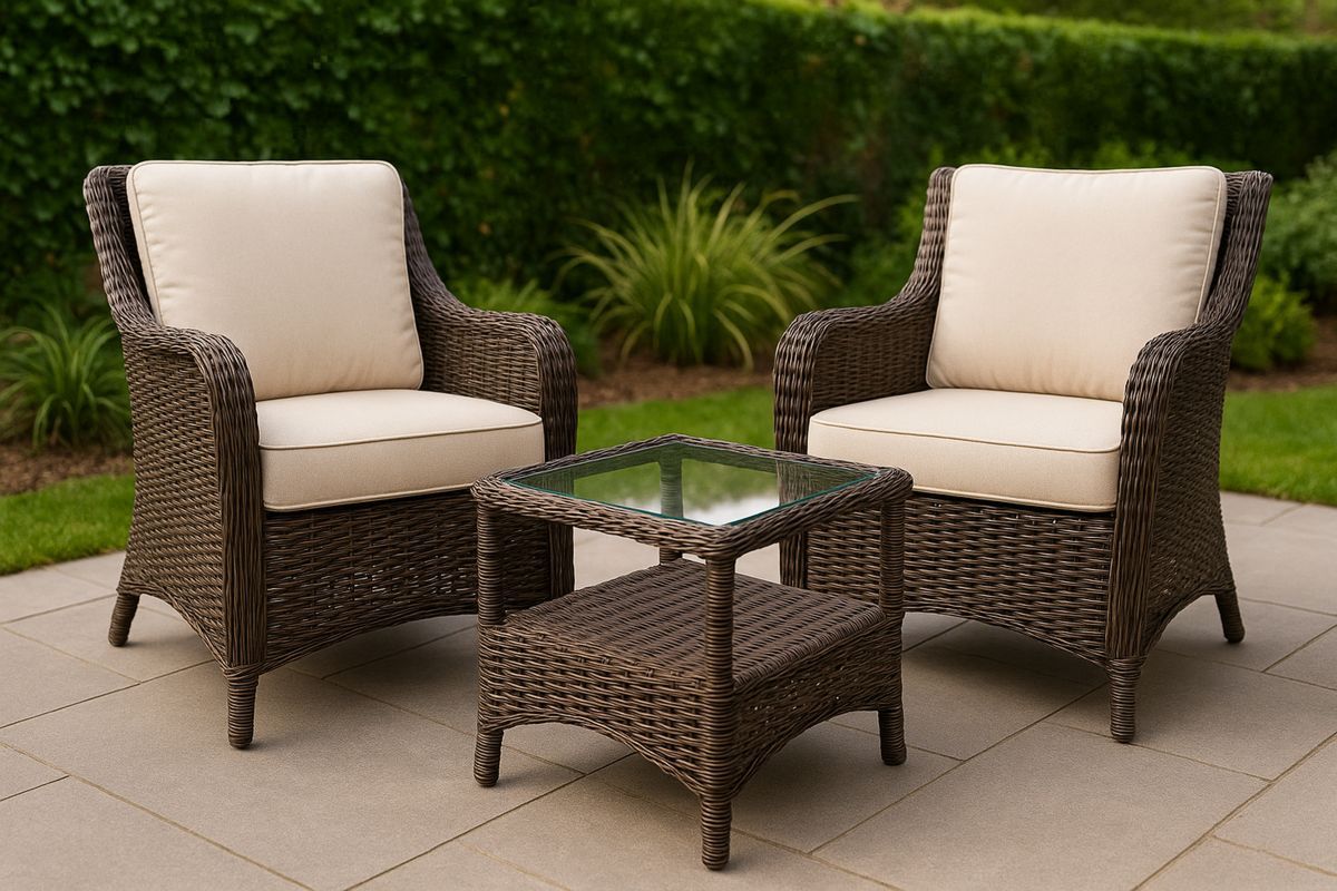 Rattan Outdoor Lounge Set with Cushions and Tempered Glass Top Table Brown/Beige-Selonilva