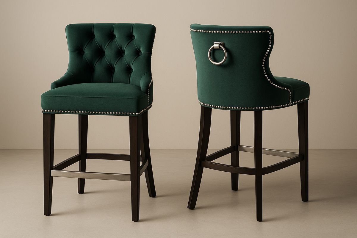 Velvet Bar Stool Set with Solid Wood Legs in Green-Xenolirto