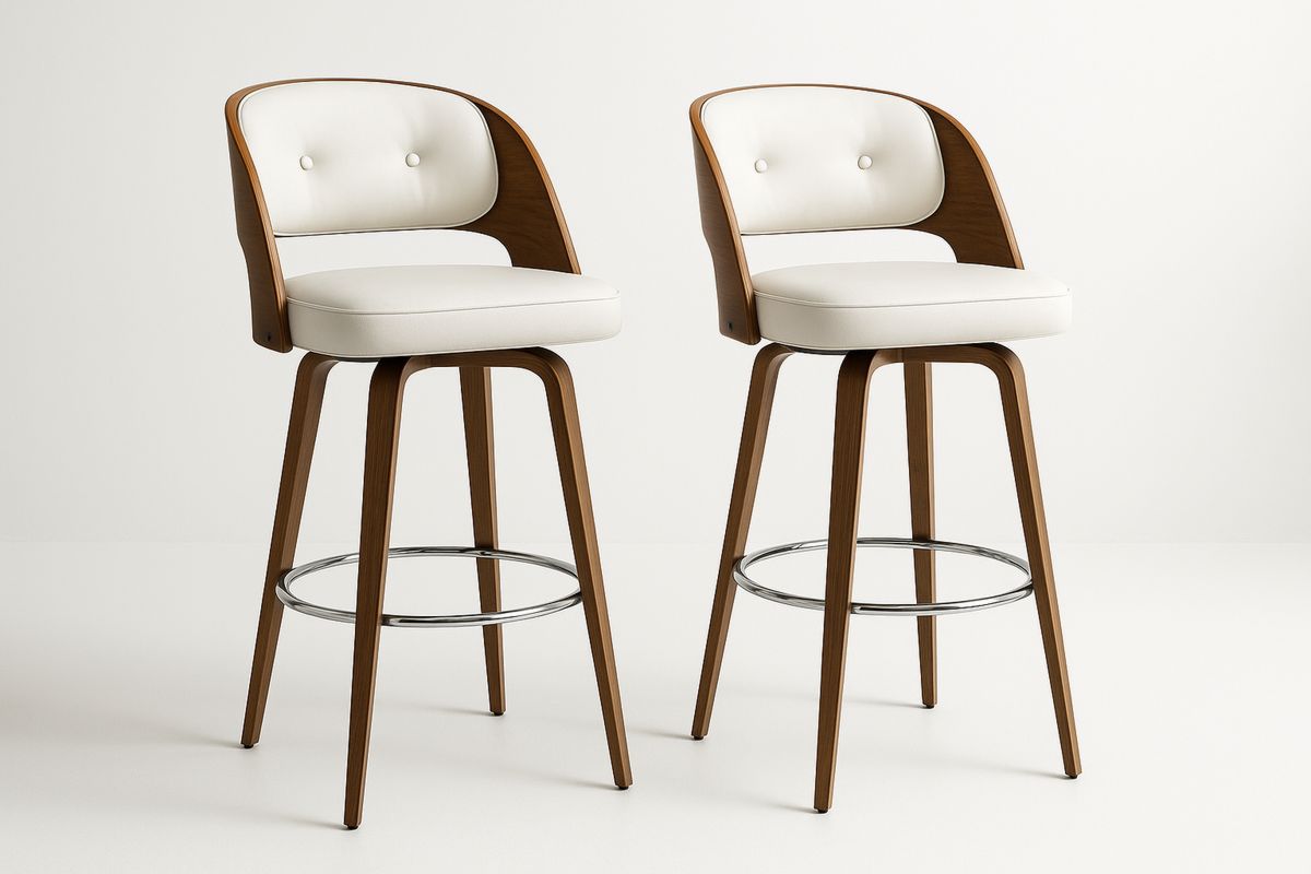 Swivel Bar Stools Set with Walnut Veneer and Faux Leather Seat-Xenolirto