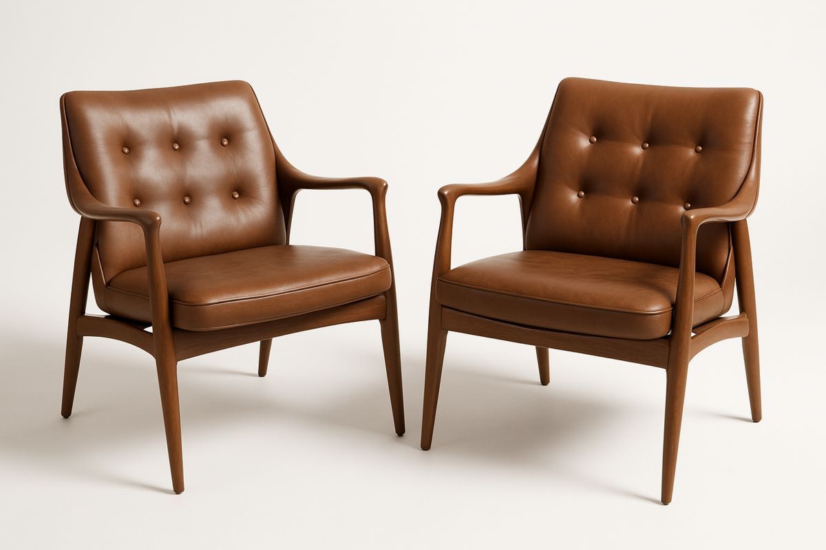 Pair of Brown Faux Leather Armchairs with Solid Wood Frame and Buttoned Backrest-Xenolirto