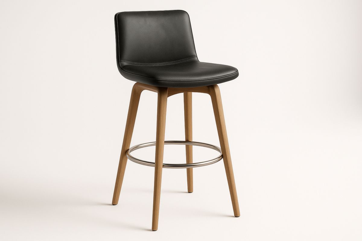 PU Leather Bar Stool with Solid Wood Legs and Stainless Steel Footrest Black-Xenolirto