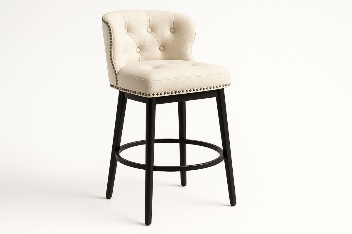 Beige Polyester Upholstered Bar Stool with Button Tufted Backrest and Black Solid Wood Legs-Xenolirto