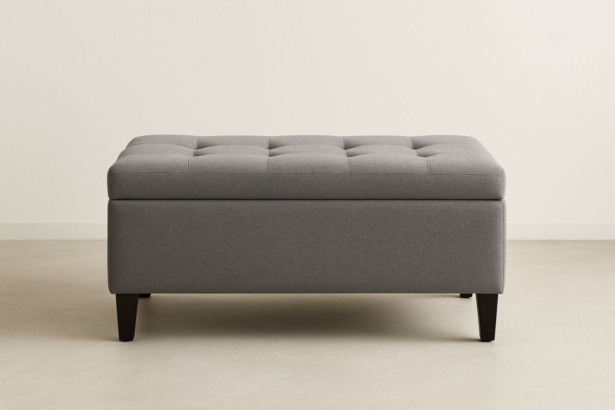 Polyester Fabric Grey Storage Ottoman with Dark Solid Wood Legs 100cm x 60cm x 45cm(L×W×H)-Xenolirto