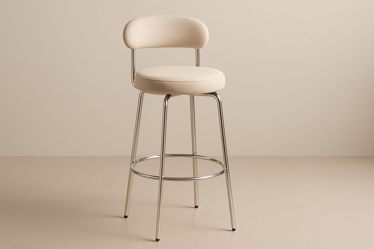 Beige Polyester Fabric Upholstered Chrome Bar Stool with Footrest 105(H)cm-Xenolirto