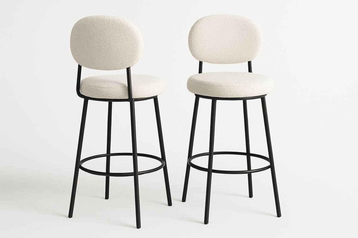 Set of 2 Boucle Bar Stools with Steel Frame in Off-White-Xenolirto
