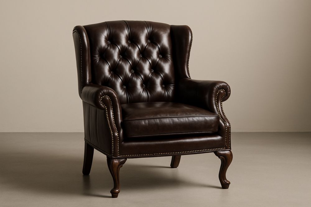 Brown Leather Wingback Armchair with Solid Wood Legs