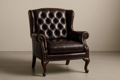 Brown Leather Wingback Armchair with Solid Wood Legs