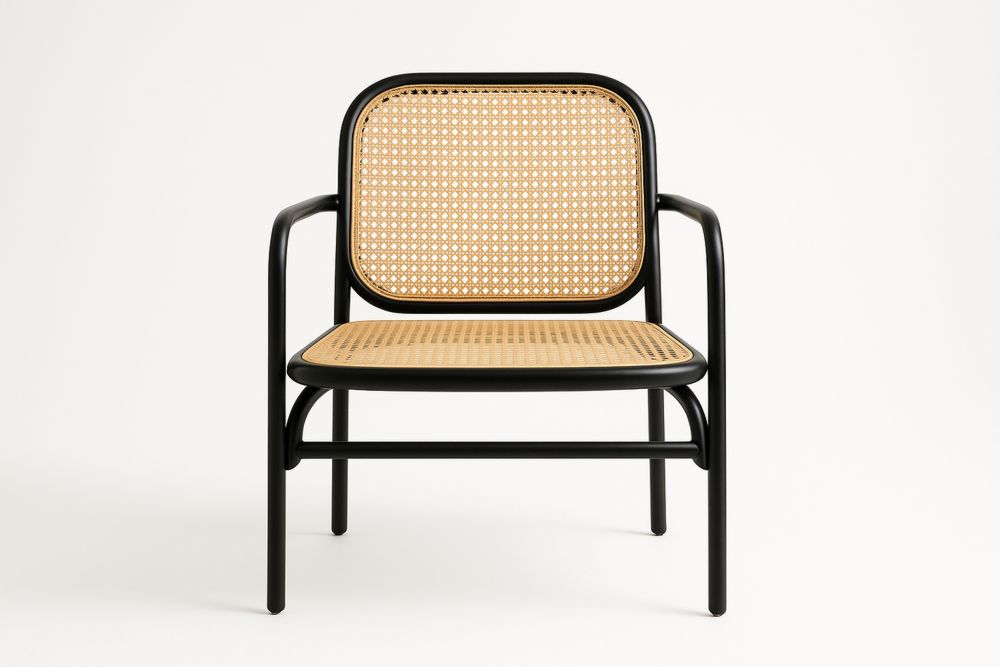 Black Steel Armchair with Rattan Seat and Backrest