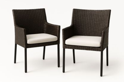 Set of 2 Woven Rattan Armchairs with Cushions Dark Brown and Beige Polyethylene and Metal