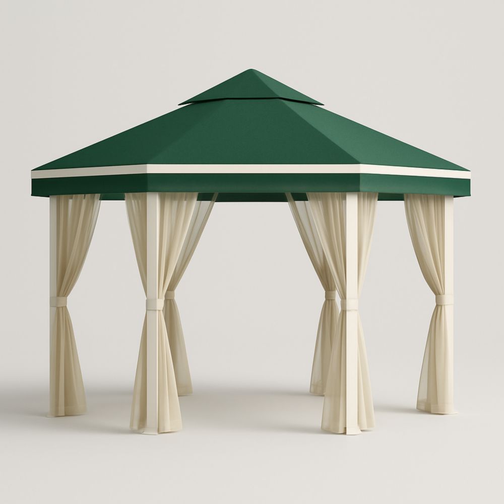 Hexagonal Outdoor Gazebo with Green Canopy and Beige Curtains Steel Frame 300cm
