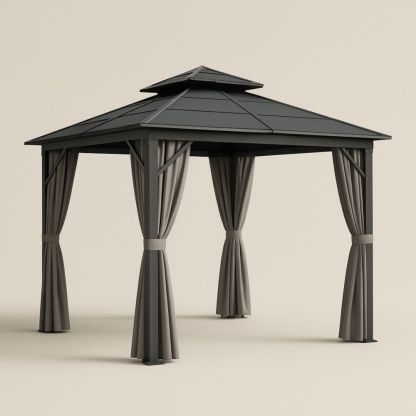 Steel Frame Gazebo with Polyester Curtains 3m x 3m