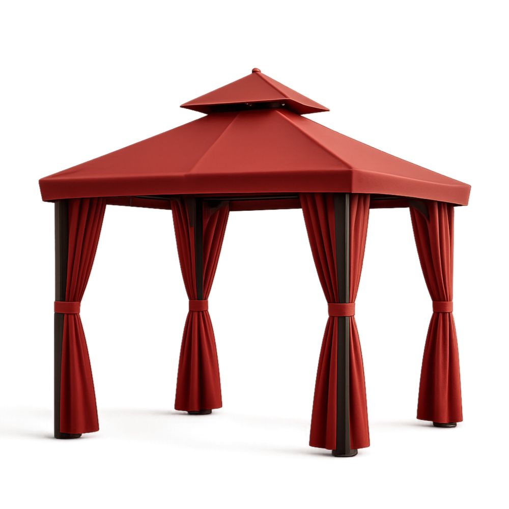 Outdoor Gazebo with Red Polyester Canopy and Curtains 3m x 3m