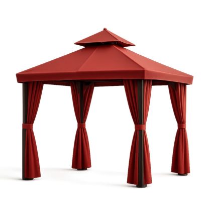 Outdoor Gazebo with Red Polyester Canopy and Curtains 3m x 3m