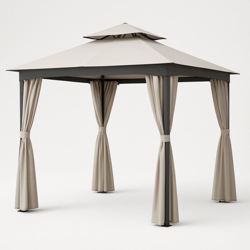 Beige Outdoor Gazebo with Steel Frame and Curtains