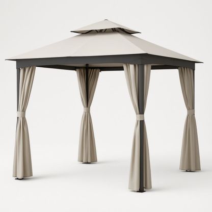 Beige Outdoor Gazebo with Steel Frame and Curtains