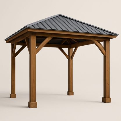 Outdoor Gazebo with Wood Frame and Metal Roof 300cm x 300cm x 280cm