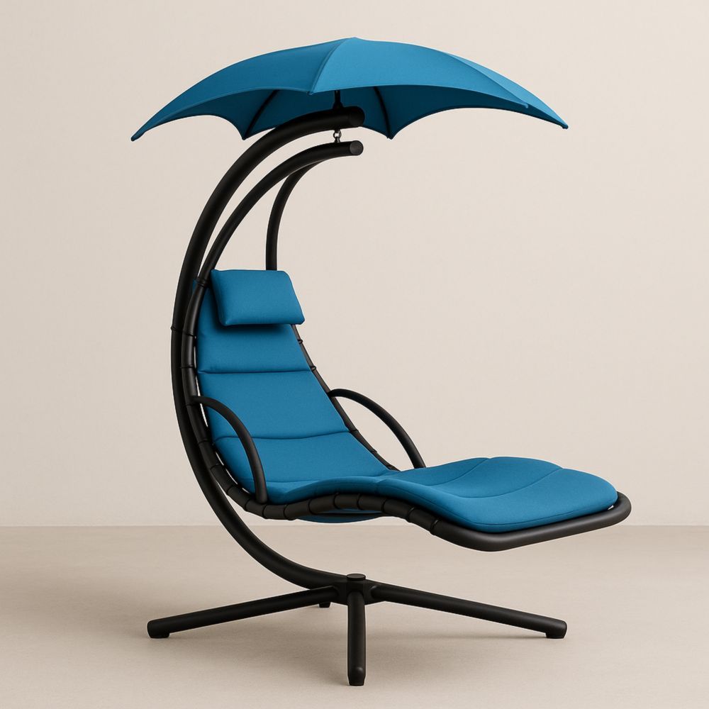 Hanging Chaise Lounge Chair with Steel Frame and Blue Polyester Upholstery