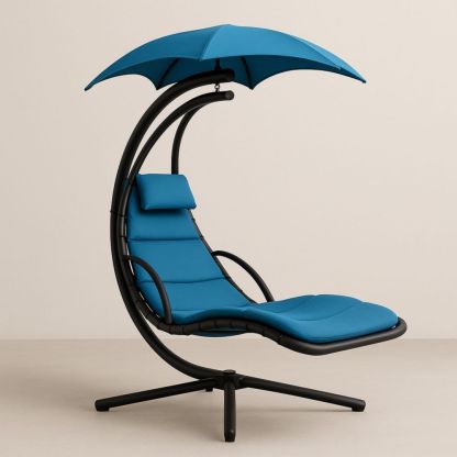 Hanging Chaise Lounge Chair with Steel Frame and Blue Polyester Upholstery