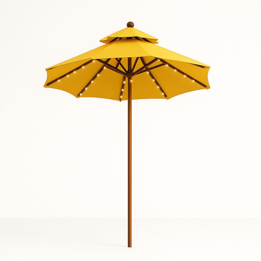 Yellow Outdoor Patio Umbrella with LED Lights Polyester Canopy Metal Frame 270 cm