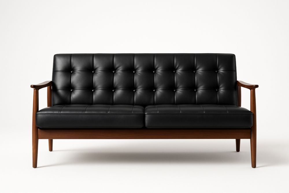 Two-Seater Sofa Black Leather Upholstery with Solid Wood Frame