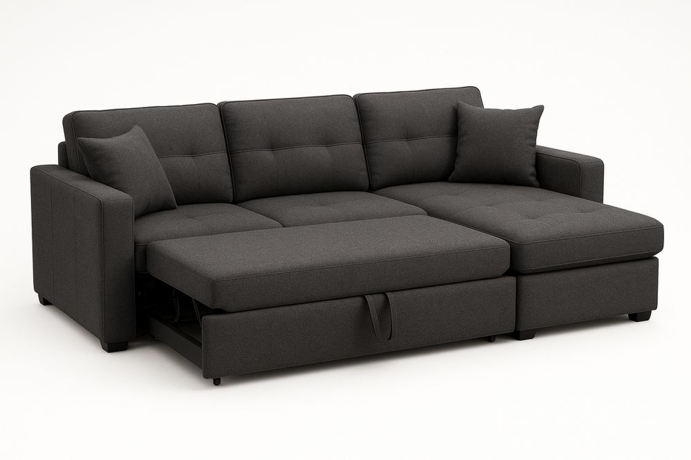 Dark Grey Polyester Sofa Bed with Chaise and Cushions 234cm