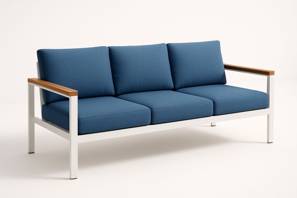 Three-Seater Sofa Aluminium Frame Blue Polyester Fabric Cushions 200cm