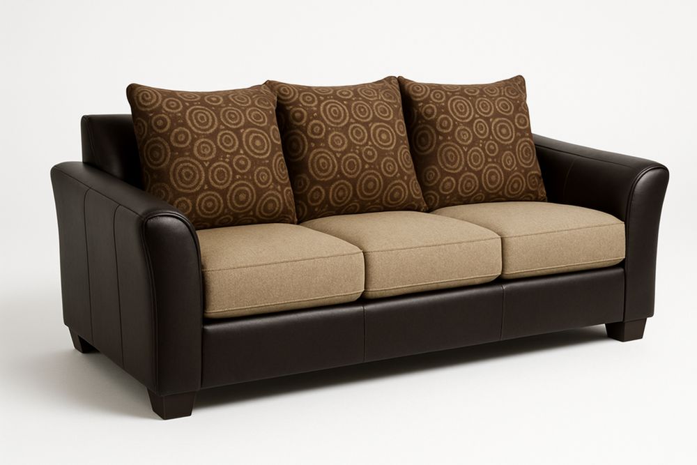 3 Seater Sofa PU Leather and Fabric with Brown Cushions