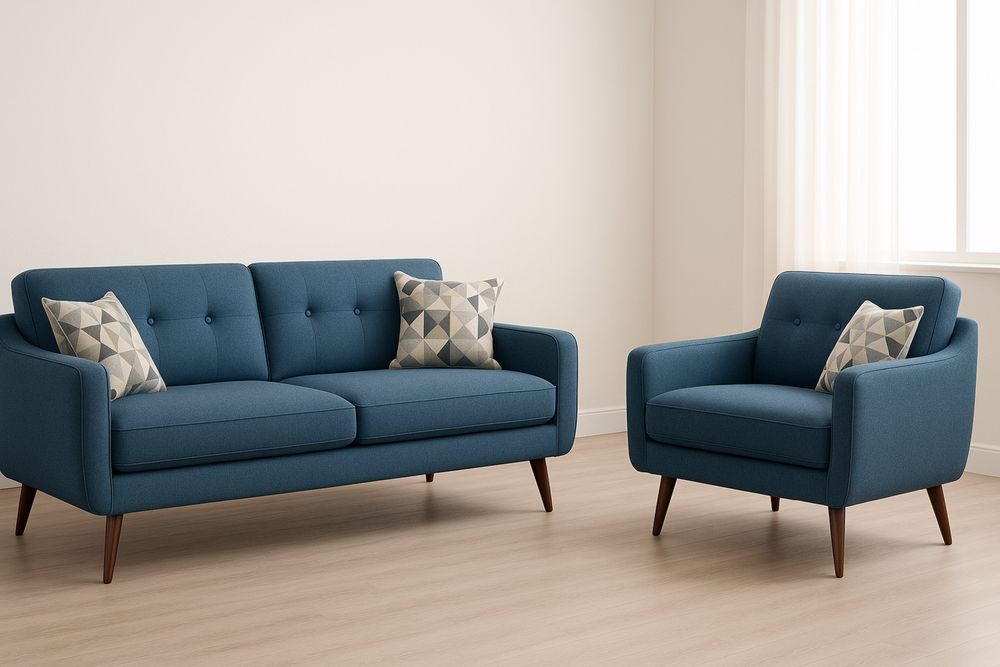 Blue Polyester Sofa and Armchair Set with Wooden Legs