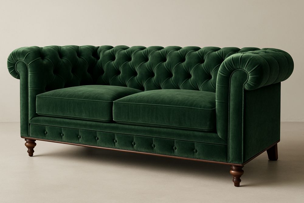 Velvet Chesterfield Sofa Dark Green Timber Legs 215cm