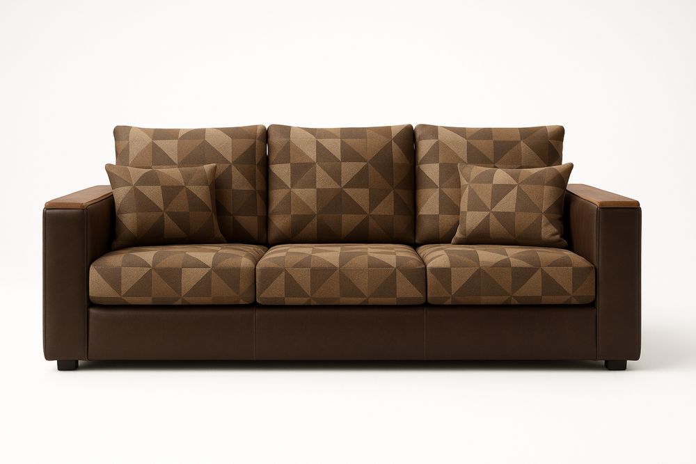 Three Seater Sofa with Geometric Pattern Polyester Fabric Brown 210cm