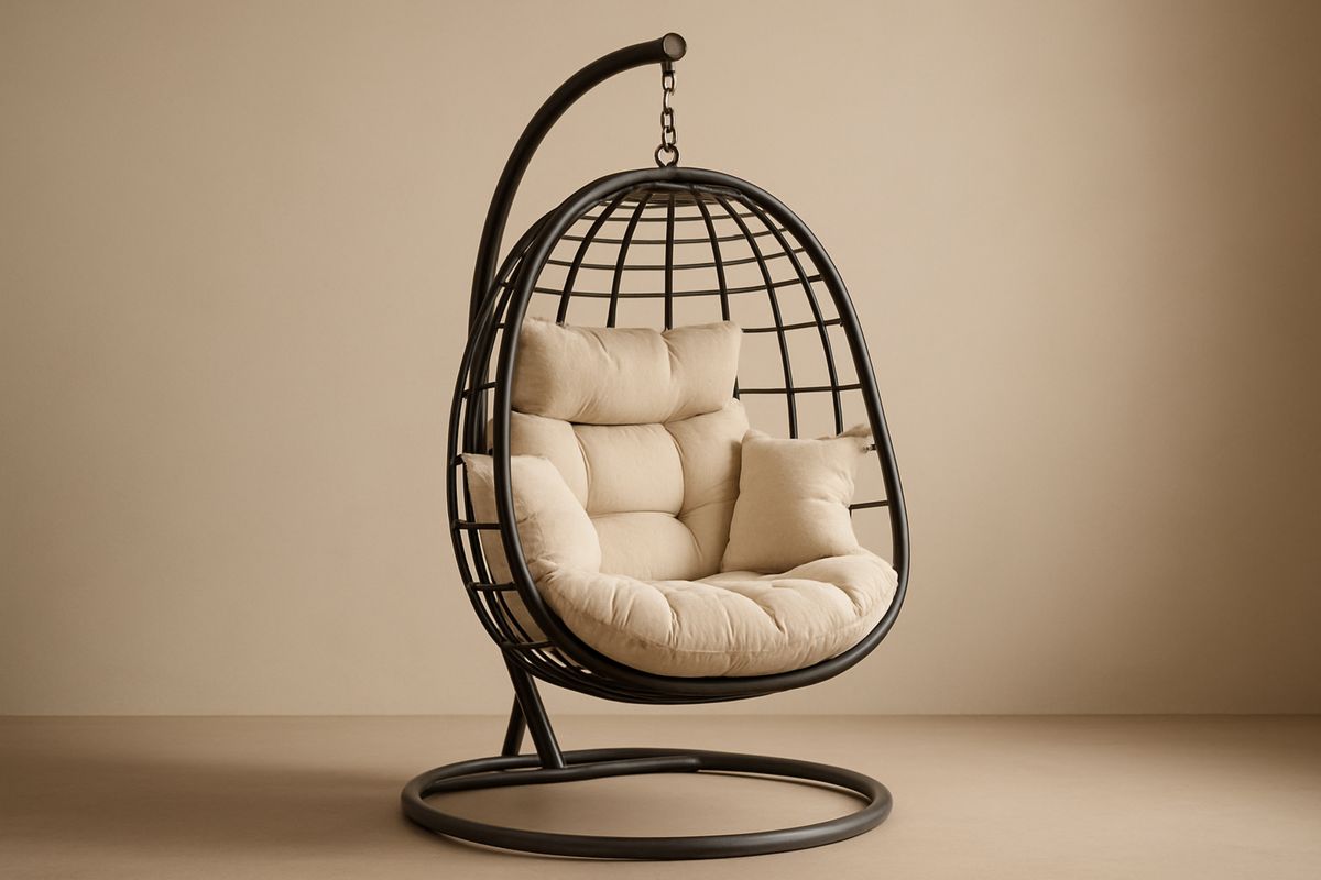Outdoor Hanging Egg Chair Polyester Cushion Steel Frame Black 198(H)cm-Halonavli