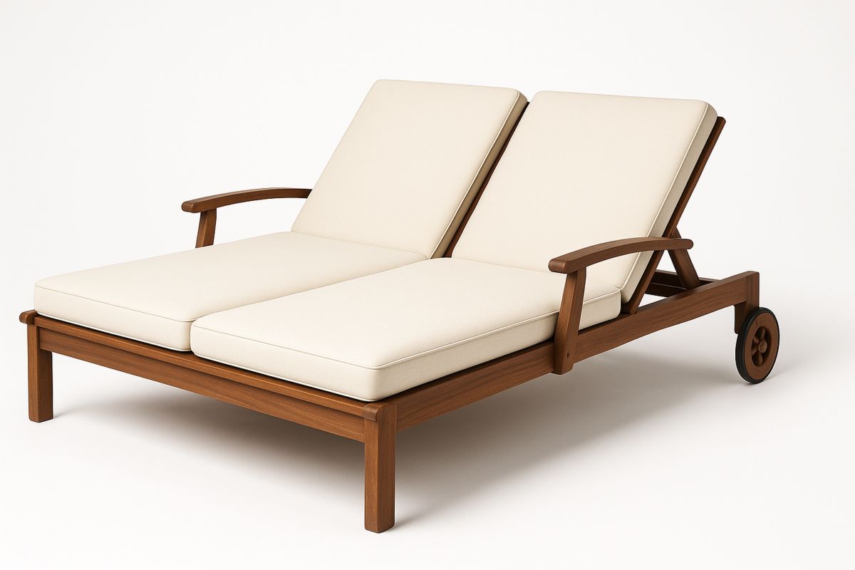 Double Outdoor Sun Lounge Teak Wood with Cream Cushions Adjustable Backrest with Wheels-Halonavli