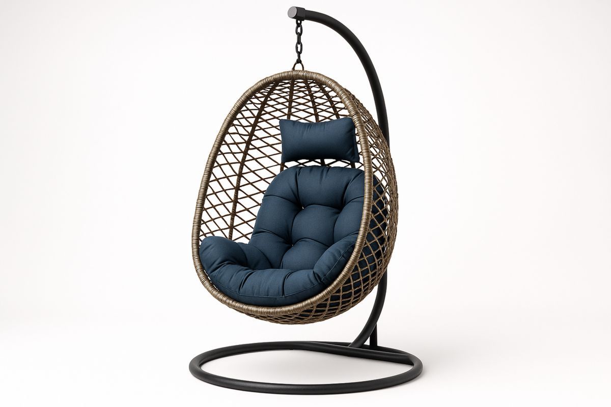 Rattan Hanging Egg Chair Steel Frame with Blue Cushions 195(H)cm-Halonavli