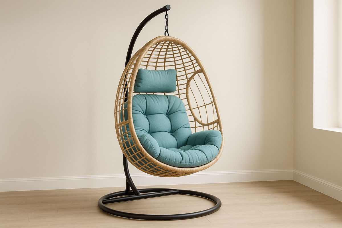 Hanging Egg Chair Wicker Teal Polyester Cushion 195cm Height-Halonavli