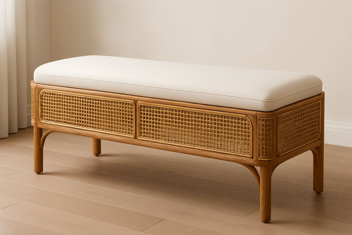 Rattan Bench with Linen Cushion Rectangular Beige 120cm x 45cm x 45cm（L×W×H）-Belonilta