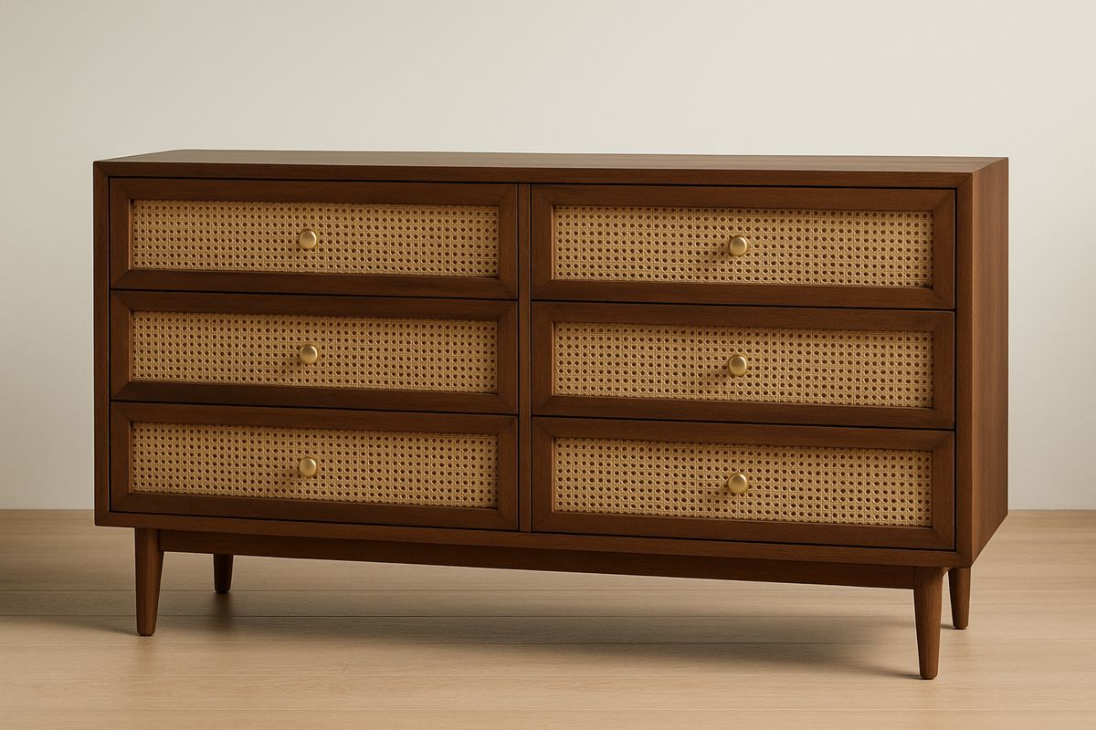 Six Drawer Solid rubberwood Chest with Rattan Panels in Brown-Belonilta