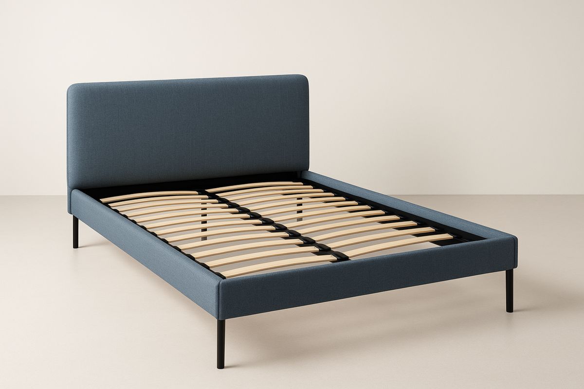 Polyester Fabric Upholstered Bed Frame with Steel Legs Blue 200cm x 150cm x 90cm(L×W×H)-Belonilta